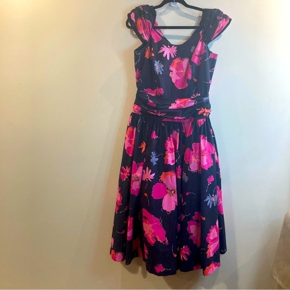 Laura Ashley Sz 14 80s Pink Black Floral Print 100% Cotton Day Dress 50s Style - Picture 2 of 11